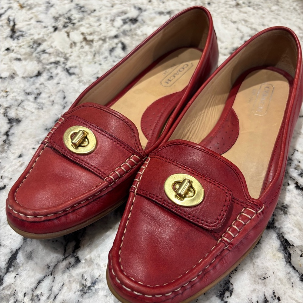 Coach Red Leather Flats with Gold Turnlock